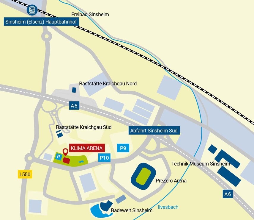 Lageplan KLIMA ARENA mit Einzeichnung Parkhaus und Autobahn A6.