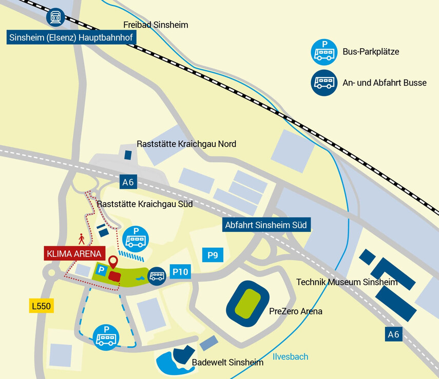 Lageplan KLIMA ARENA mit Parkfl&auml;chen f&uuml;r Reisebusse und Darstellung Autobahn A6.