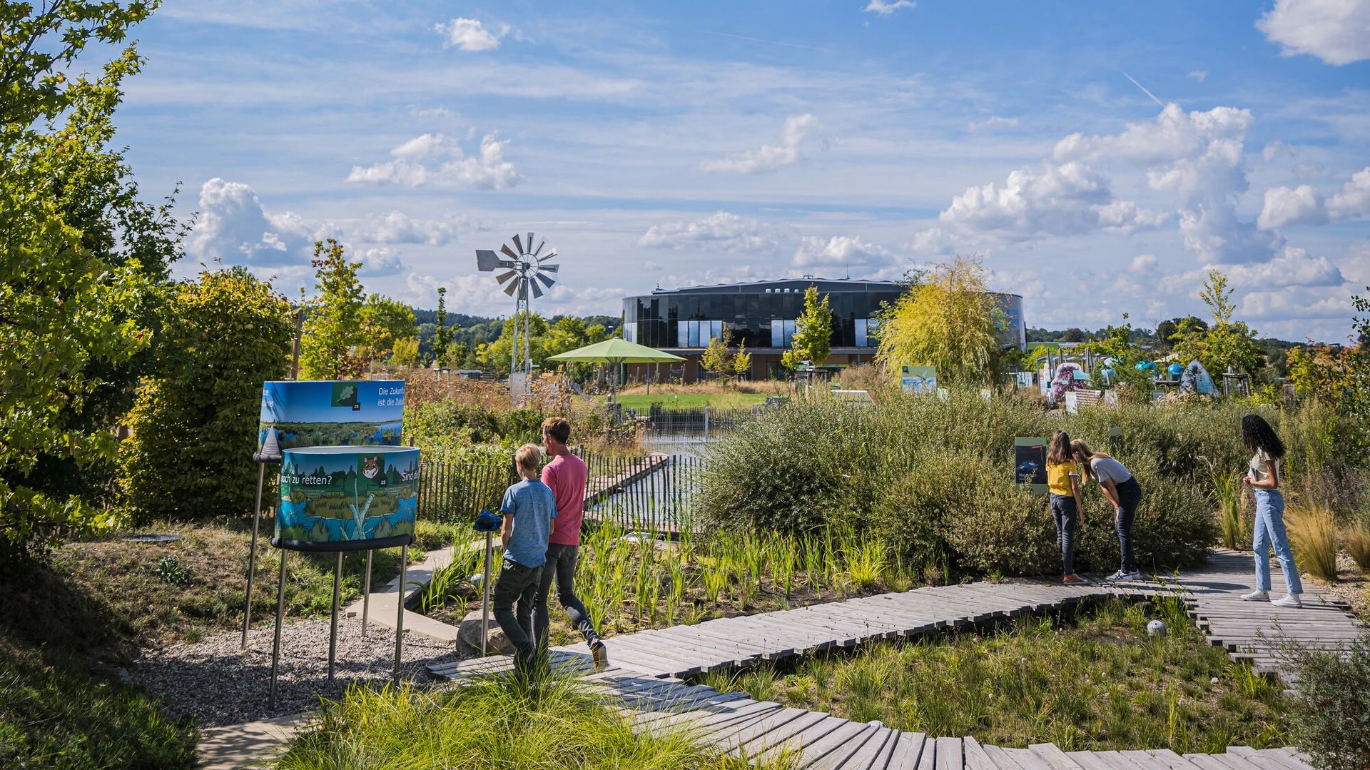 Familie schlendert durch das angelegte Moor und betrachtet Infotafeln.