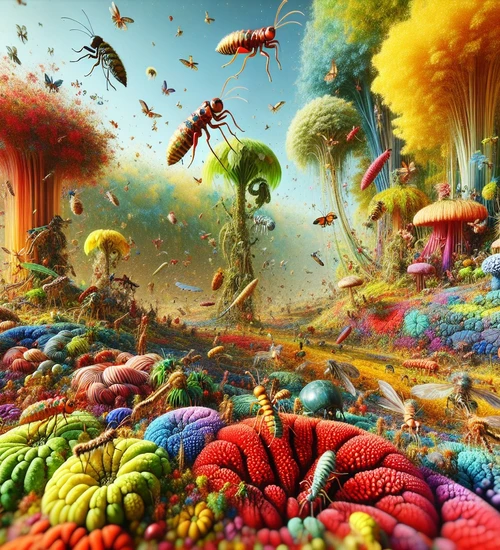 Auf dem Bild ist ein farbenfrohe, fantasievolle Landschaft mit vielen Insekten und Krabbeltieren.